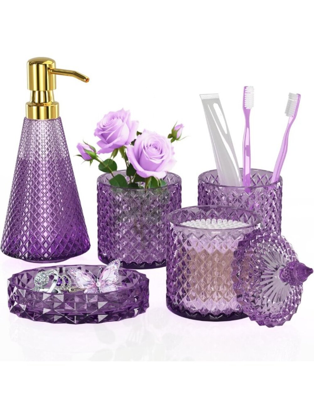 Chic Purple Glass Bathroom Accessories Set - 5 Pcs Vintage Decor, Soap Dispenser
